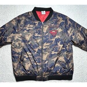 DC Comics Superman Mens XL Camo Bomber Jacket Superhero Red Lining Full Zip